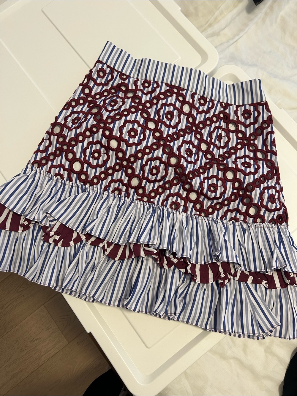 Sandro Blue-Striped Mini Skirt with Burgundy Lace Overlay